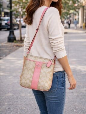 Coach Pink and Tan Signature Crossbody Bag